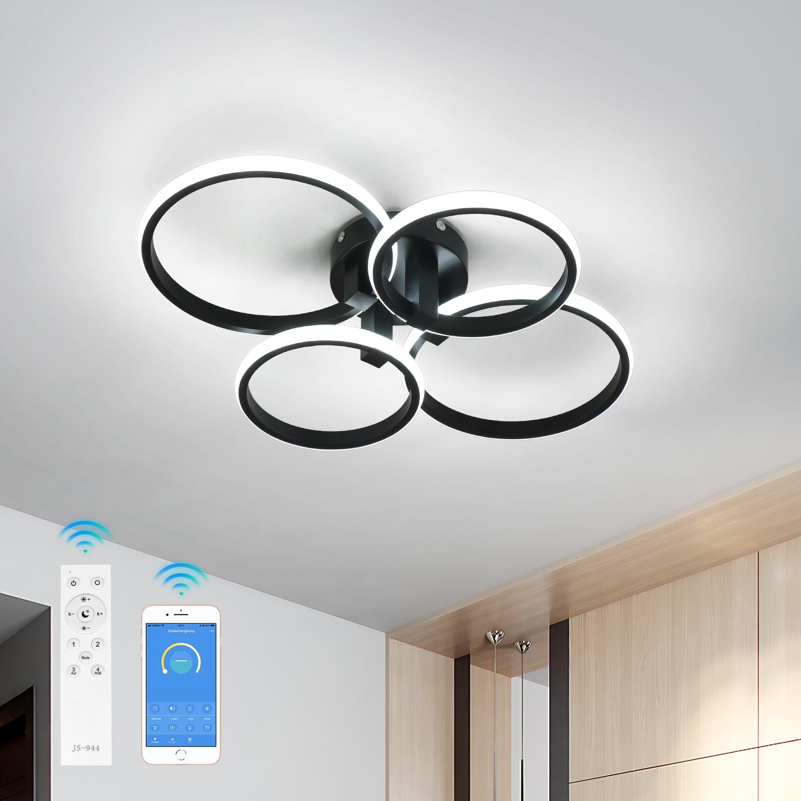 Plafoniera LED Dimmerabile 76W, Lampada da Soffitto Rotondo, Plafoniere Telecomando 3000K-6500K&Smart App, Lampadario Soggiorno Alluminio per Cucina, Soggiorno, Camera da Letto, Ufficio, Cucina, Nero