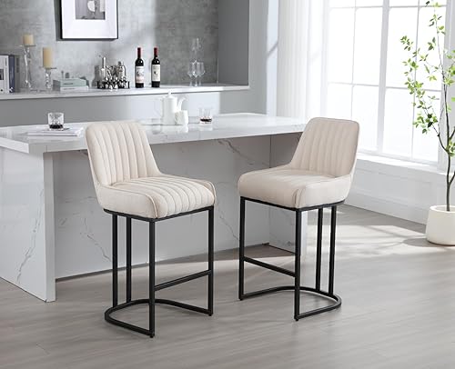 Miniatura 7 de Shunzhi Juego de 2 taburetes de bar de lino con respaldo, modernos taburetes de bar tapizados, sillas de bar de 26 pulgadas con patas de metal negro