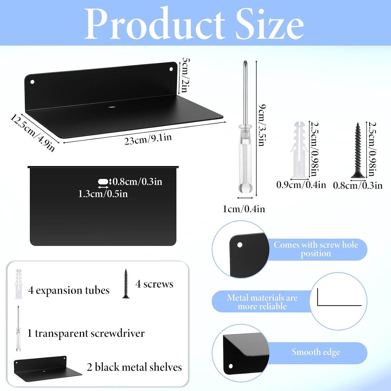 2 Pack Small Floating Shelf with Cable Hole, 9 x 5 Inch Black Metal Wall Floating Shelves Small Metal Display Shelves with Screws for Office, Home, Electronics, Craft Ornaments