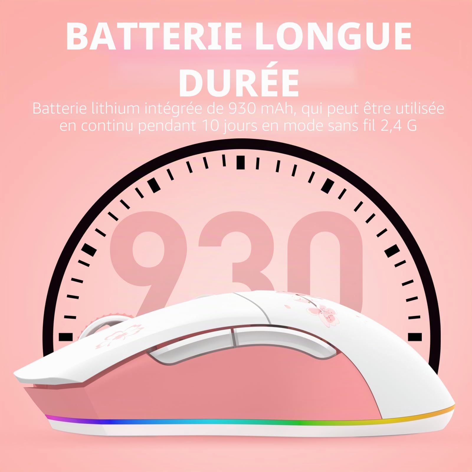 DAREU Sakura Souris sans Fil Rose avec Station de Chargement Rechargeable RGB, 12K DPI, 7 Boutons Programmables, Capteur Haute Précision 300IPS 1000Hz Souris Gamer pour PC Notebook Mac- Rose et Blanc