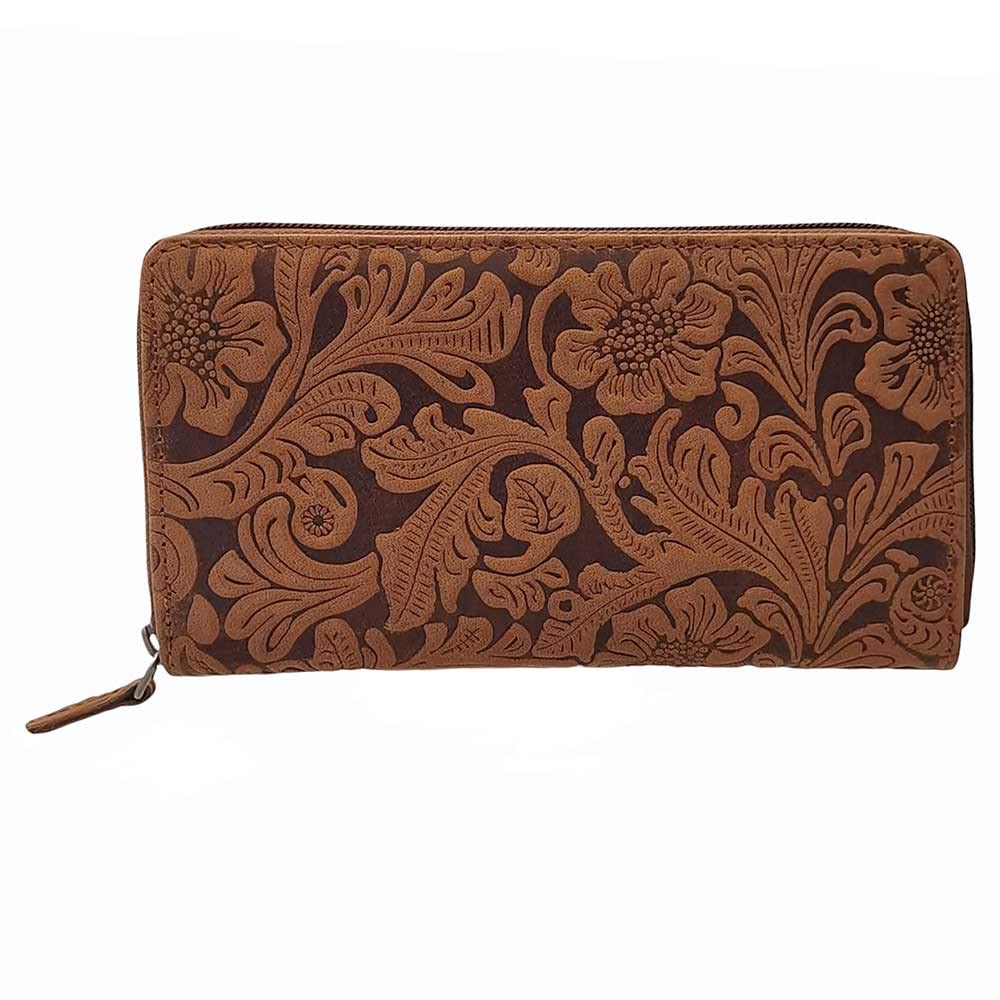 Monedero Billetero de Piel de Búfalo con Diseño de Flores, Compacto con Cremallera, con Protección RFID y Compartimentos para Tarjetas de Crédito, Color Marrón