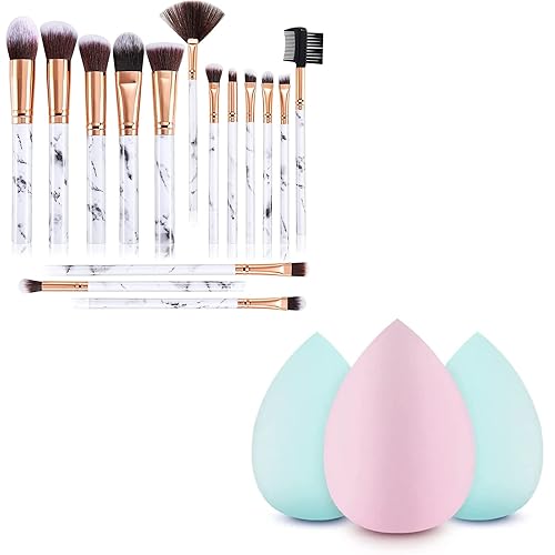 DUAIU - Juego de 15 brochas y esponjas de maquillaje sintéticas, profesionales, con 3 esponjas de maquillaje para base, corrector, crema en polvo y