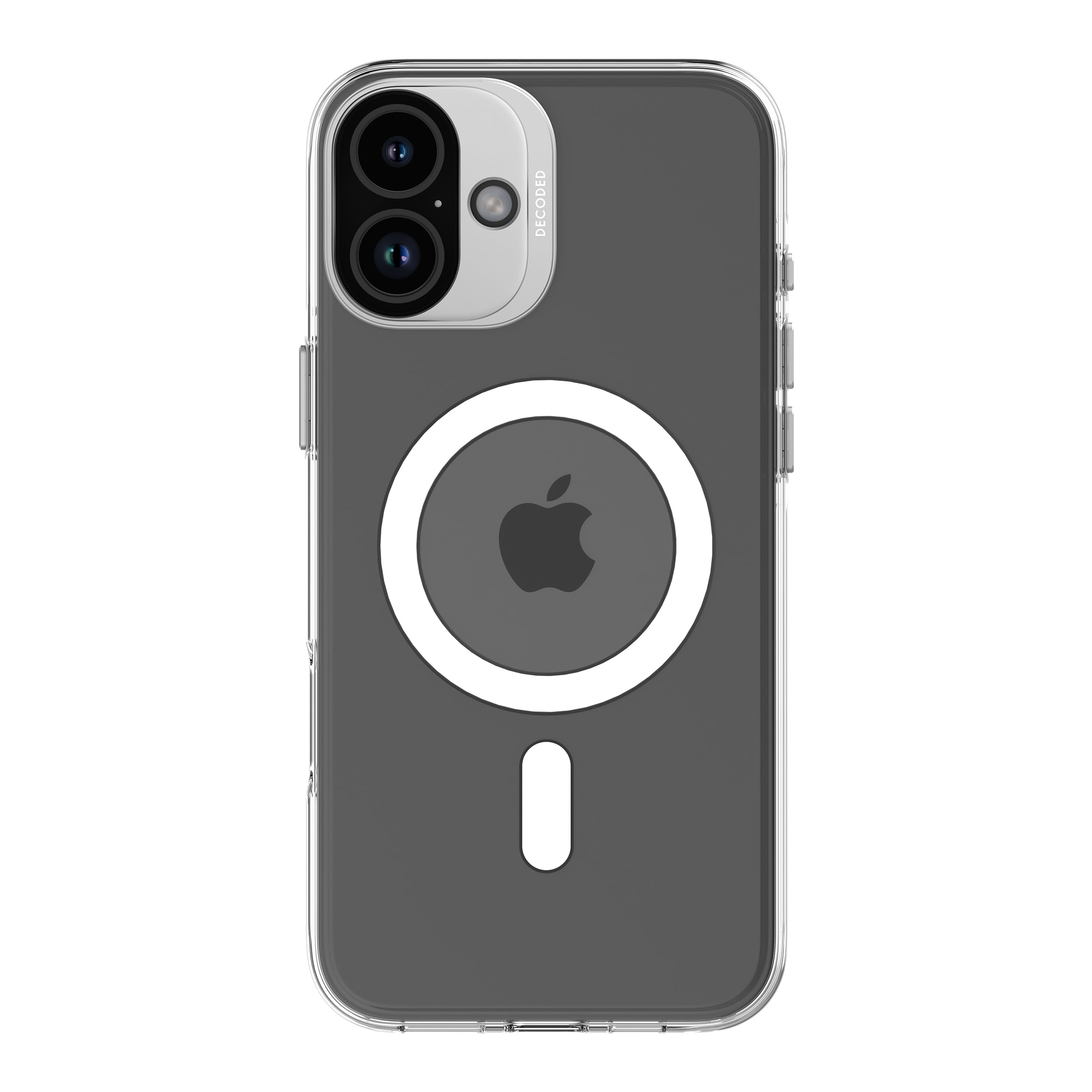 Decoded Clear Hülle für iPhone 16, Transparent, Anti-Vergilbung, Kratzfest, 100% Recyceltes Material, Metallknöpfe, Kameraschutz, MagSafe-kompatibel, Dünn und Stoßfest Handyhülle