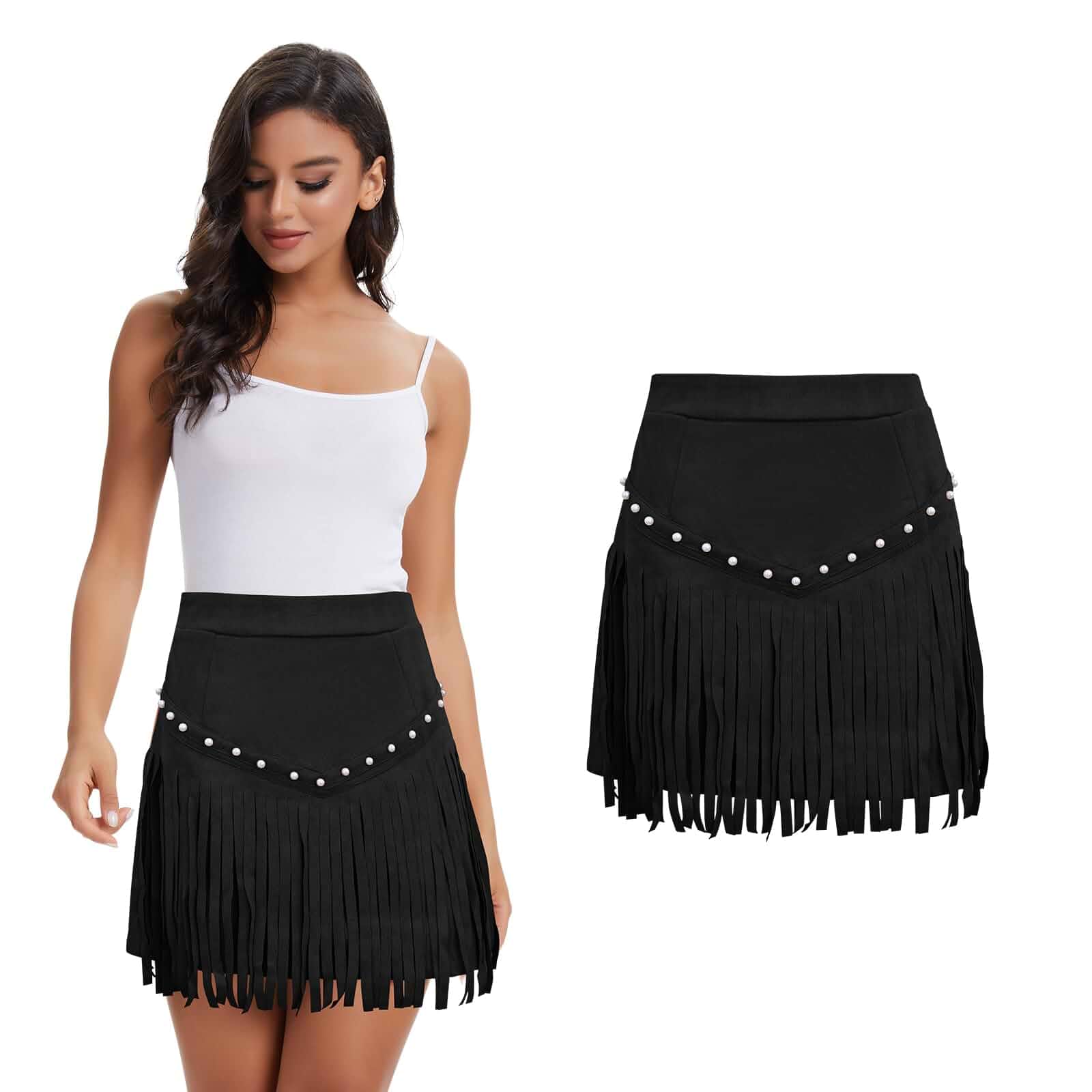 SAHSTAGLEM Western Cowgirl Fringe Mini Skirt - High Waist Faux Suede Tassel Skirt with Pearl Trim for Women