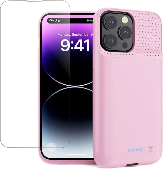 Pxwaxpy Battery Case for iPhone 13 Pro Max/14 Pro Max/14 Plus,Slim 8600mAh Charger Case Upgraded 360°Anti-Fall Protection Rechargeable Charging case for iPhone 13 Pro Max/14 Pro Max/14 Plus Pink