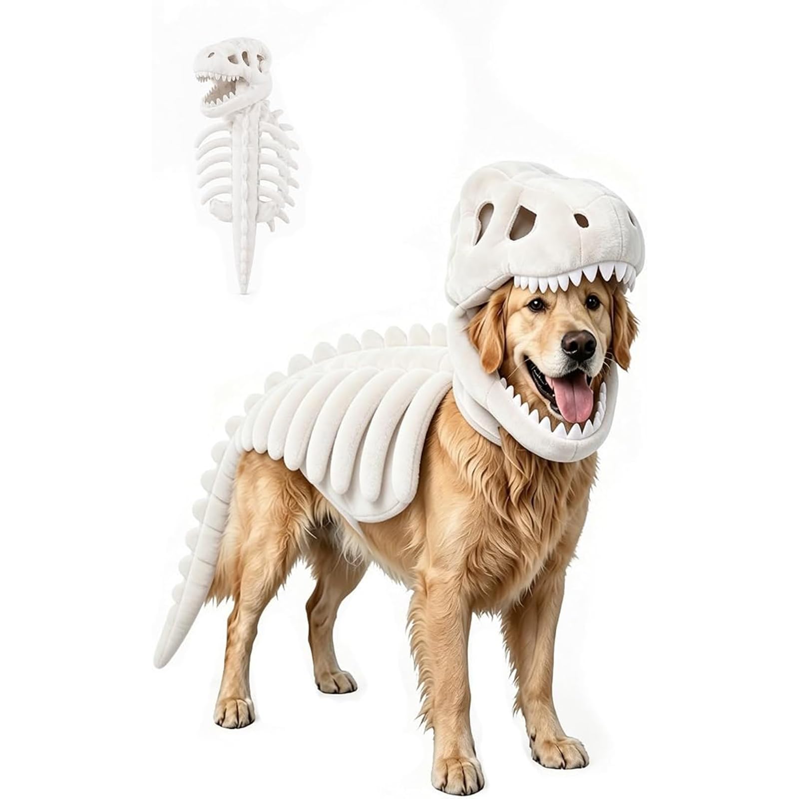 Pet Dinosaur Costume, 3D Soft Plush T-Rex Skeleton Halloween Costume for Dogs, Cosplay Clothes for Medium & Large Dog, Plush Halloween Pet Hood Outfit Glow in Dark，white：90CM