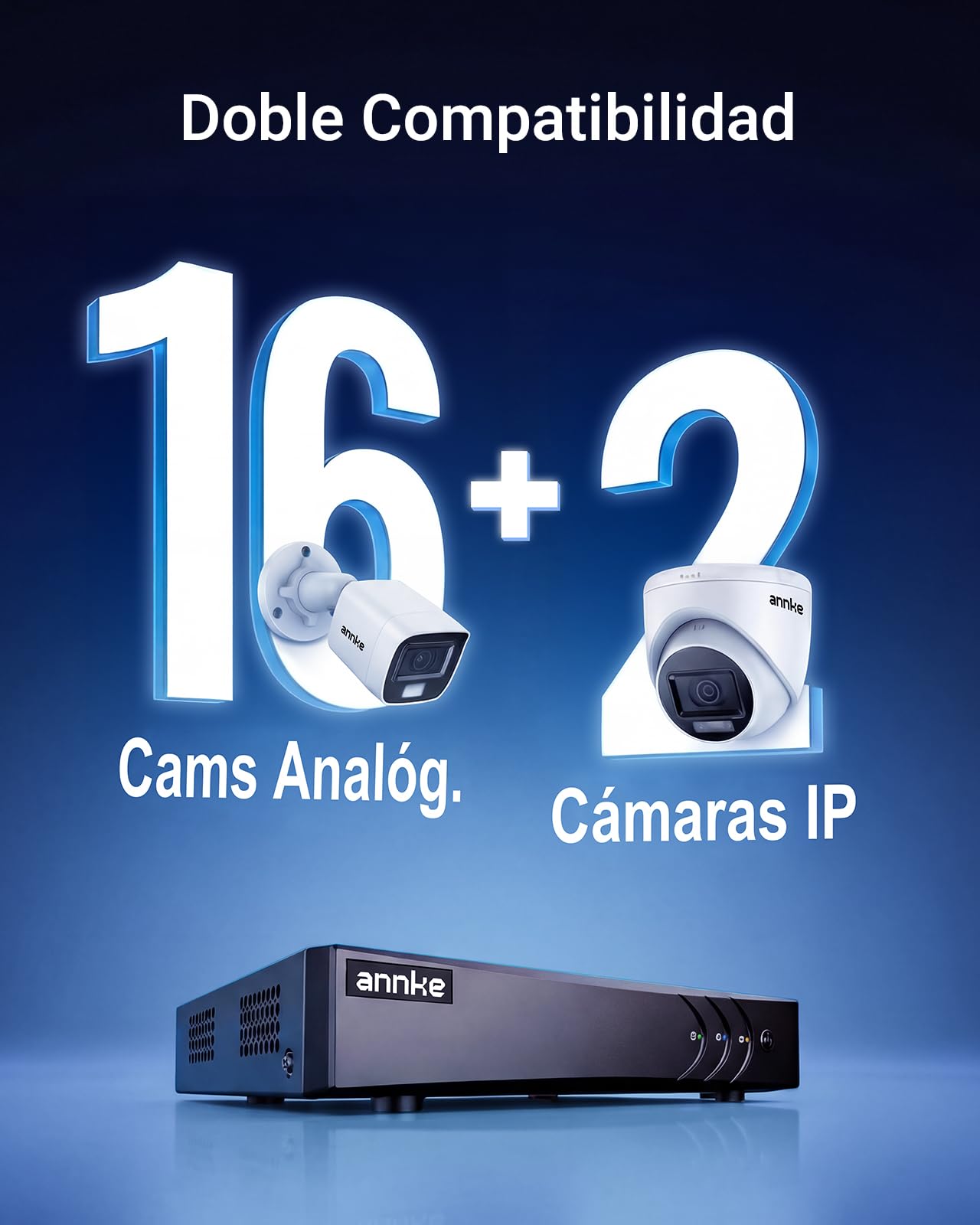 ANNKE 3K/5MP Lite 16 Canales Grabador DVR H.265+ Recorder Soporta 8 Cámaras Analógicas y 2 Cámaras IP, Detección de Personas y Vehículos, Alerta por Email con Imágenes, Sin Disco Duro