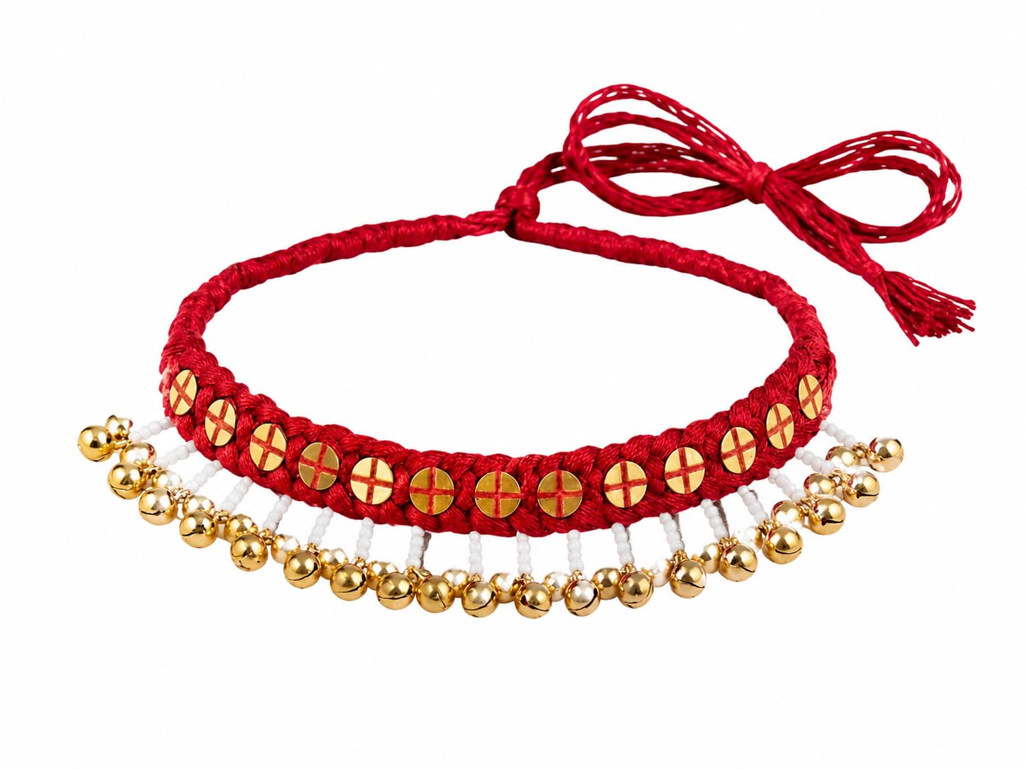 Handmade Thread Choker Necklace for Women & Girls | Adjustable Tie Knot Neckpiece | Ethnic Boho Necklace with Gold-Tone Beads & White Bead Detailing | Traditional Fashion Jewelry-image-6