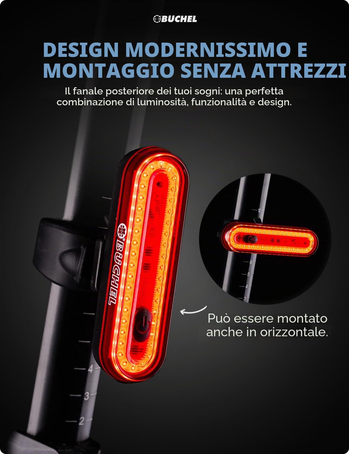 Büchel - Fanale posteriore per bicicletta a LED, ricaricabile, omologato StVZO, fanale posteriore per bicicletta, fanale posteriore per bicicletta