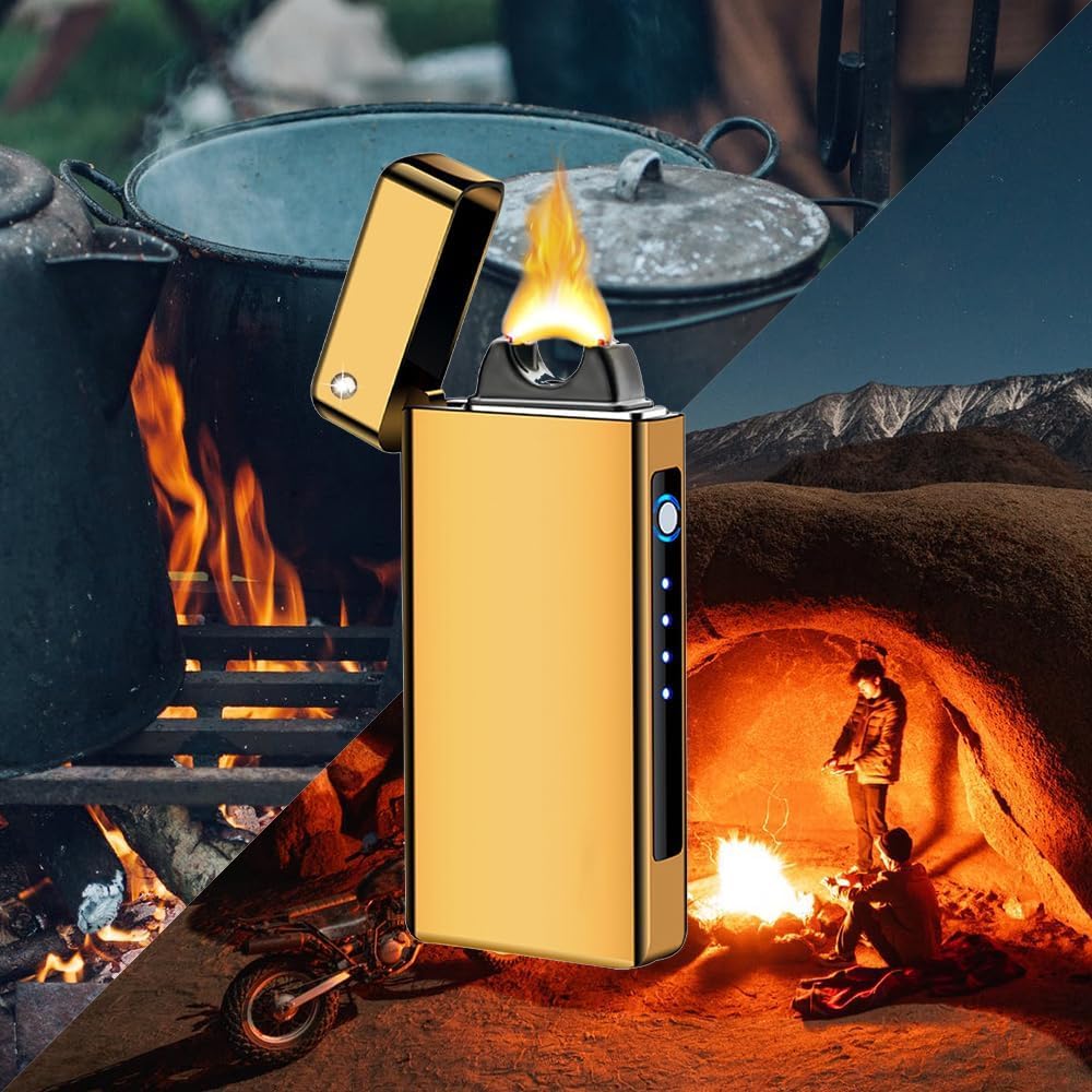 GADATOP Elektrisches Plasma-Feuerzeug Mit LED-Batterieanzeige - Wiederaufladbar, Flammenlos, Sturmfest für Kerzen, Grill und Camping (Gold)