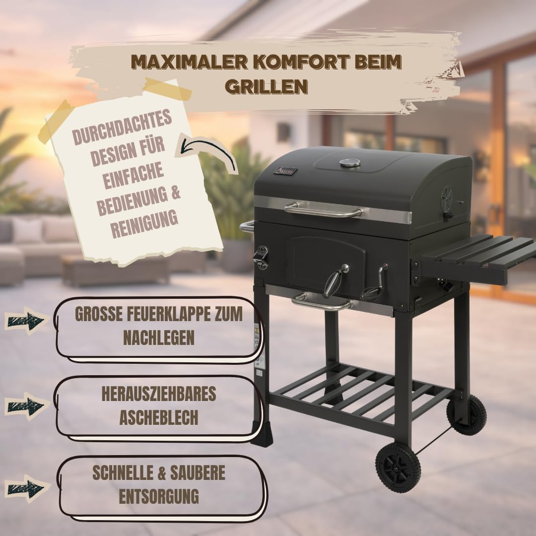 ACTIVA Holzkohlegrill Angular Guss inkl. Gusseisenrost & wetterfester Abdeckhaube I Holzkohlegrill mit Deckel, verstellbarer Kohlewanne & Thermometer I Grillwagen