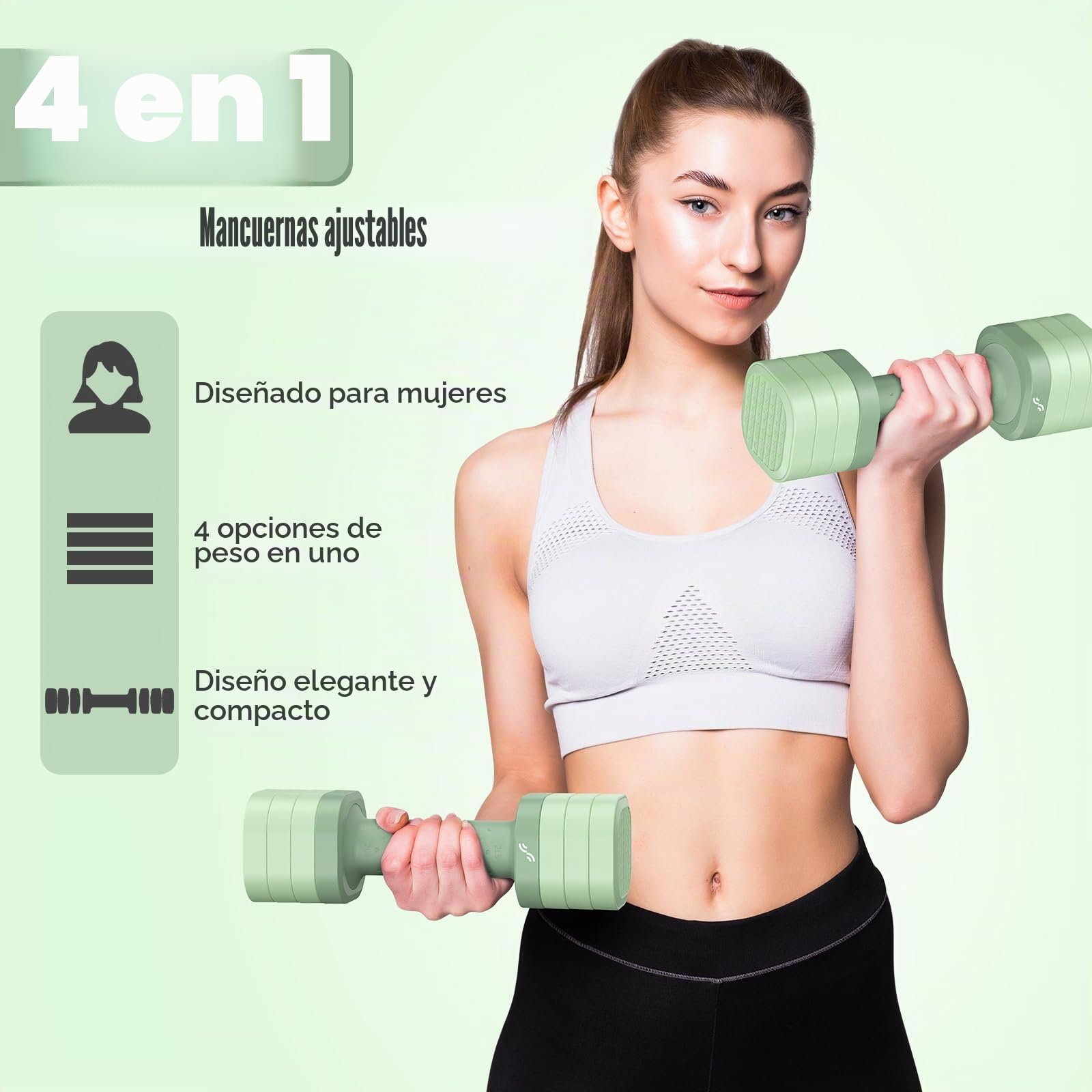 Sportneer Juego de mancuernas ajustables para mujer, par de mancuernas de 0.9 a 2.3 kg, juego de mancuernas 4 en 1, pesas compactas para mujeres, gimnasio en casa, entrenamiento de fitness (verde)