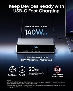 Anker Prime Docking Station (DL7400), 14-Port Triple Display with DisplayLink, 140W Max, Smart Display, Triple 4K 60Hz, Cooling Fan, for Windows Laptops (The Latest DisplayLink Driver Must Installed)