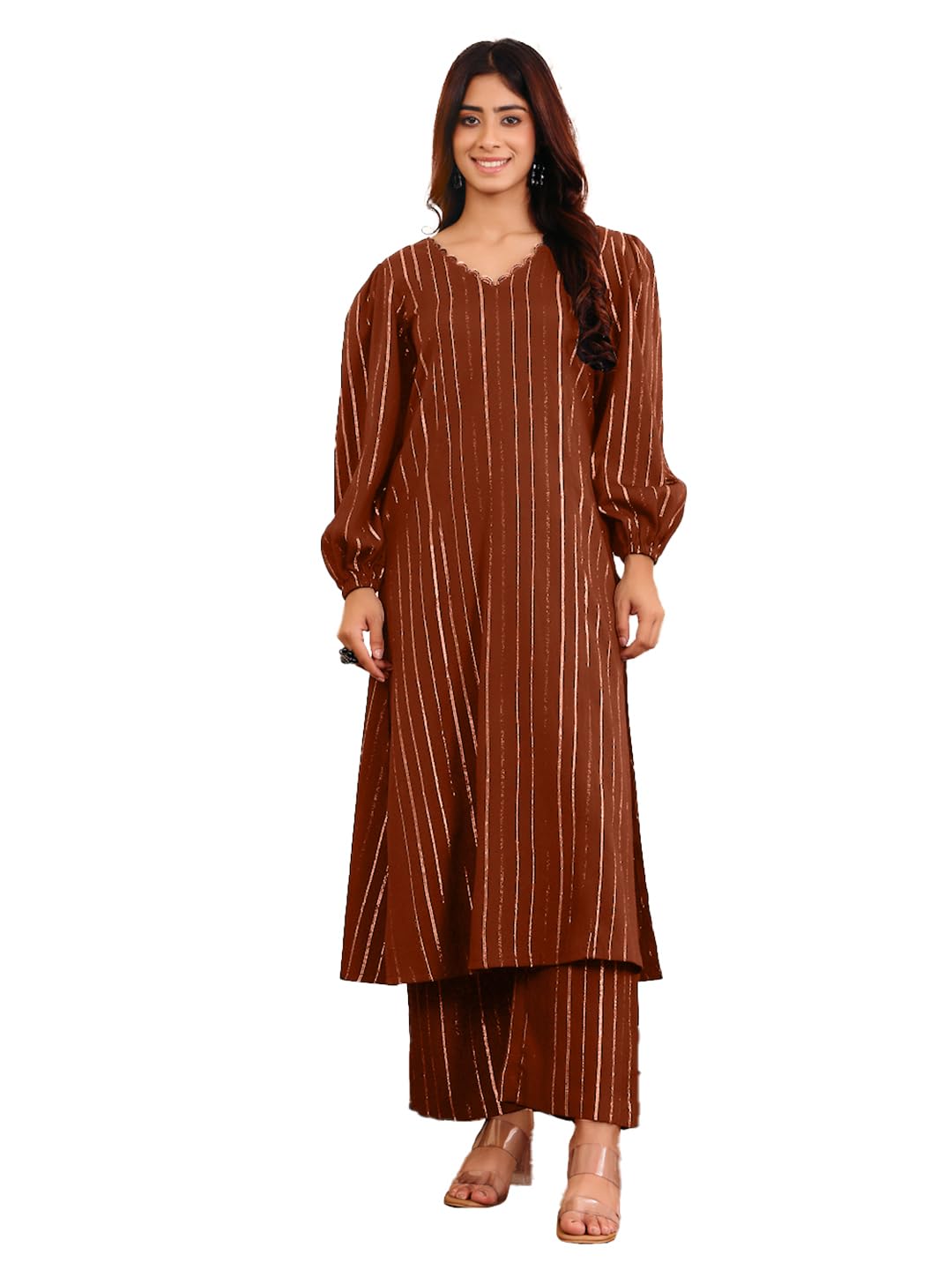 Varanga Women Brown Lurex A- Line Kurta With Trousers