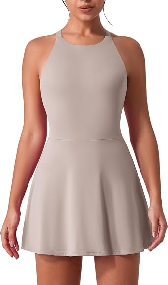 OMEWEE Womens Tennis Dress Sleeveless 2-in-1 with Built-in Bra & Shorts Pockets Active Yoga Golf Dress