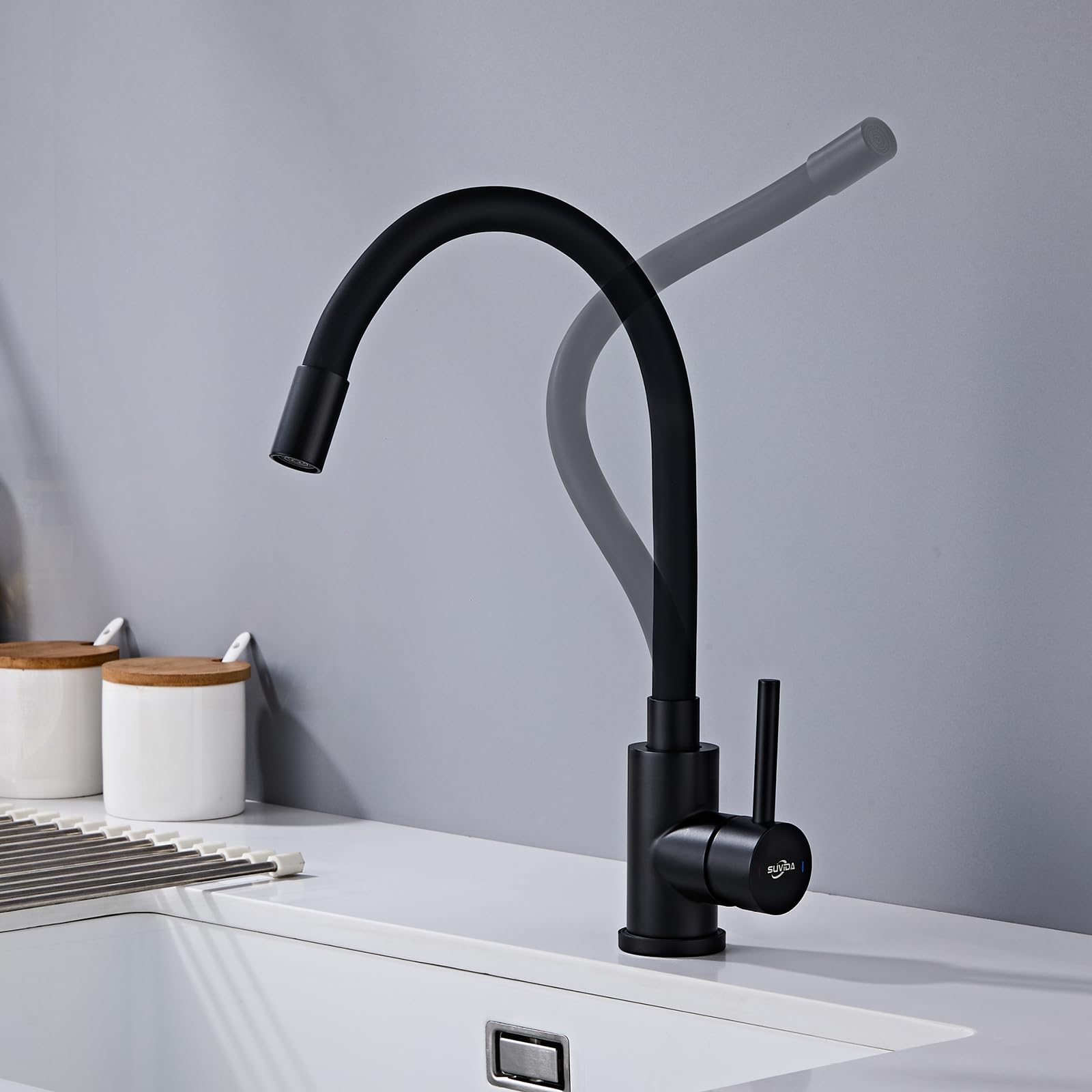 Grifo Fregadero Cocina Negro, Grifo Cocina Flexible, Mezclador Cocina Giratiorio a 360°, Monomando de Alta Presión, Grifos Cocina de Acero Inoxidable, Ahorro de Agua