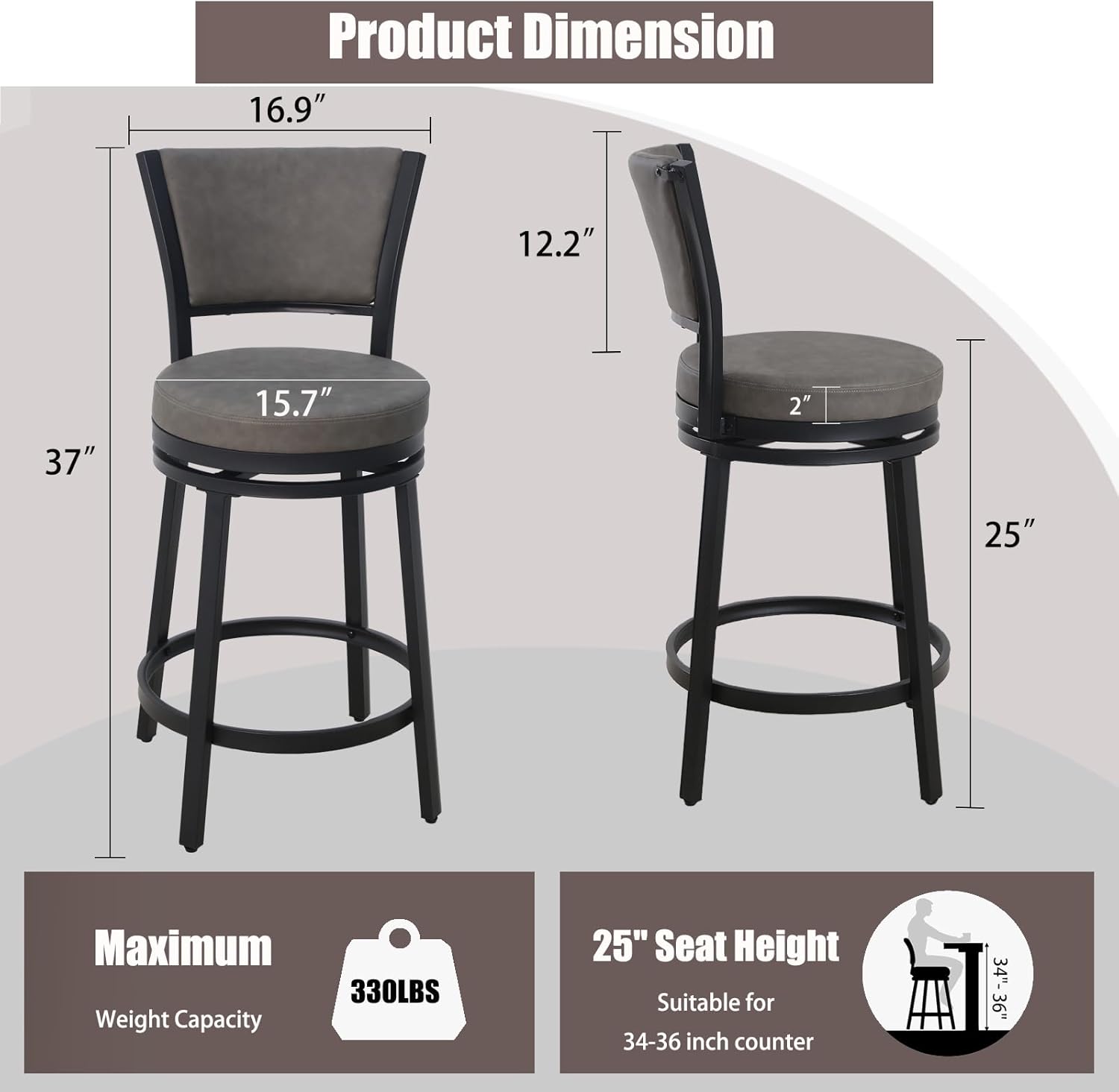 Counter Height Bar Stools Set of 2, 25 Inch Metal Swivel Barstools with Backrest, Modern Faux Leather Upholstered Bar Chairs, Counter Height Stools for Kitchen Island, Grey