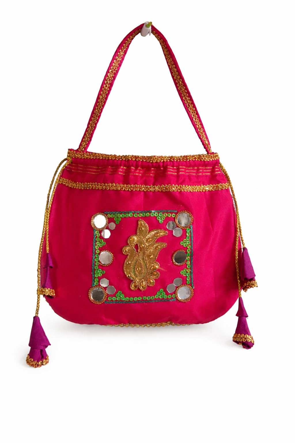 Veena creations Pink Potli Bag with Gold Embroidery, Mirror Work, Sequins and Tassels, Indian Ethnic Handbag-image-24