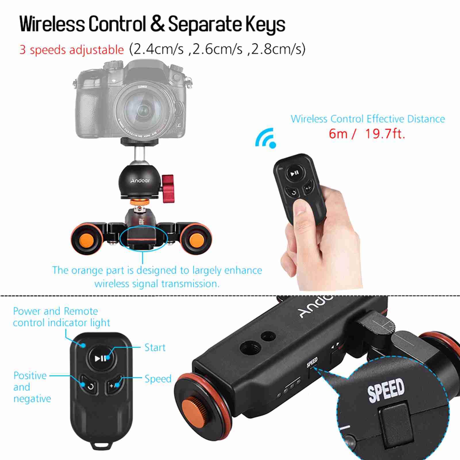 Andoer L4 PRO Dolly Motorizzato con Telecomando e Testa a Sfera, Slider Fotocamera Ricaricabile a 3 velocità per Fotocamera Leggeri e Telefono