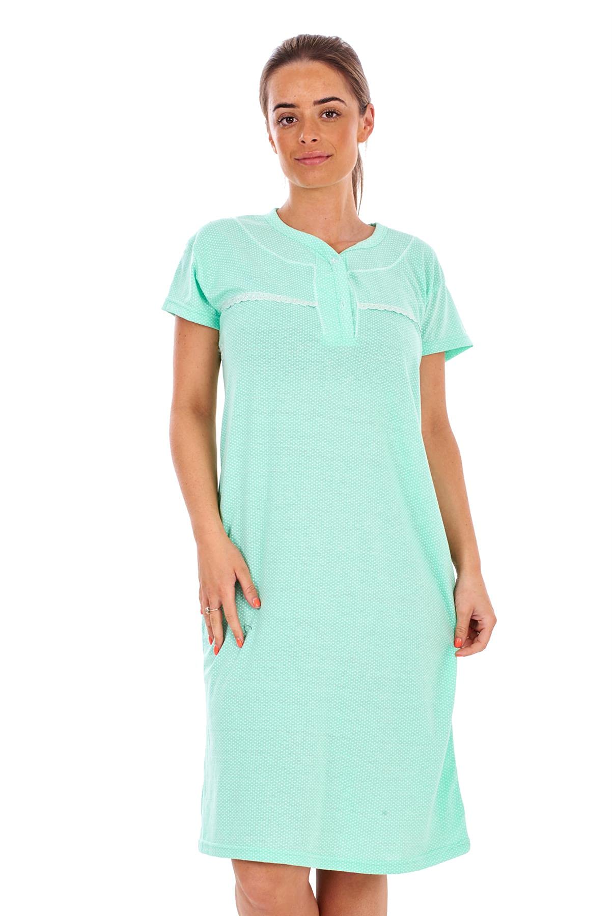 Malay Women's Green Polka Dot Nightdress Cotton Short Sleeve Buttons V-Neck Soft Loungewear