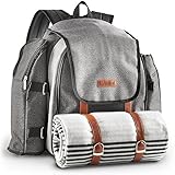 VonShef Picnic Backpack for 4 Person Outdoor Bag with Blanket - Woven Grey Waterproof Finish, Includes 29 Piece Dining Cutlery Set & Insulated Cooler Bag Compartment to Keep Food Chilled