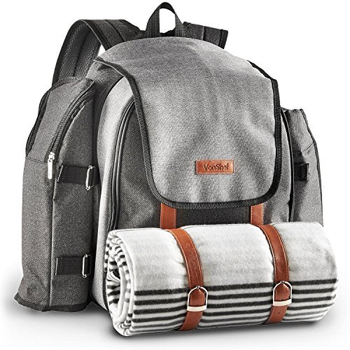 VonShef Picnic Backpack for 4 Person Outdoor Bag with Blanket – Woven Grey Waterproof Finish, Includes 29 Piece Dining Cutlery Set & Insulated Cooler Bag Compartment to Keep Food Chilled