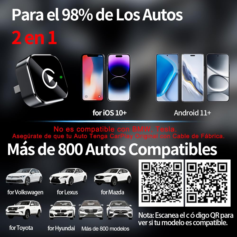Adaptador CarPlay Inalámbrico, para Coches con CarPlay & Android Auto, Car Play Inalambrico para iPhone iOS 10+ & Android 11+, Compacto y Estable Doble Núcleo WLAN a 5.8 GHz Bluetooth Wireless Adapter