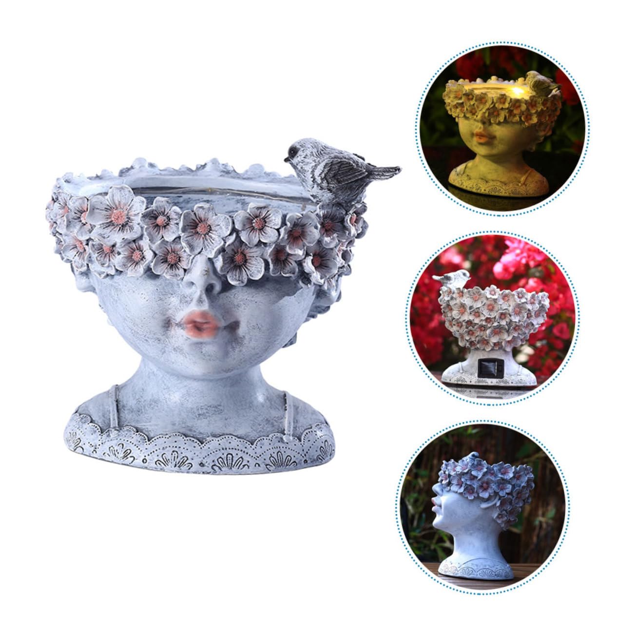 Toyvian Pot de Fleurs Solaire Visage de Jeune Fille pour Jardin et Balcon, Pot en Résine Gris Moyen, Décoration Extérieure Lumineuse et Créative, Ornement Artistique Moderne