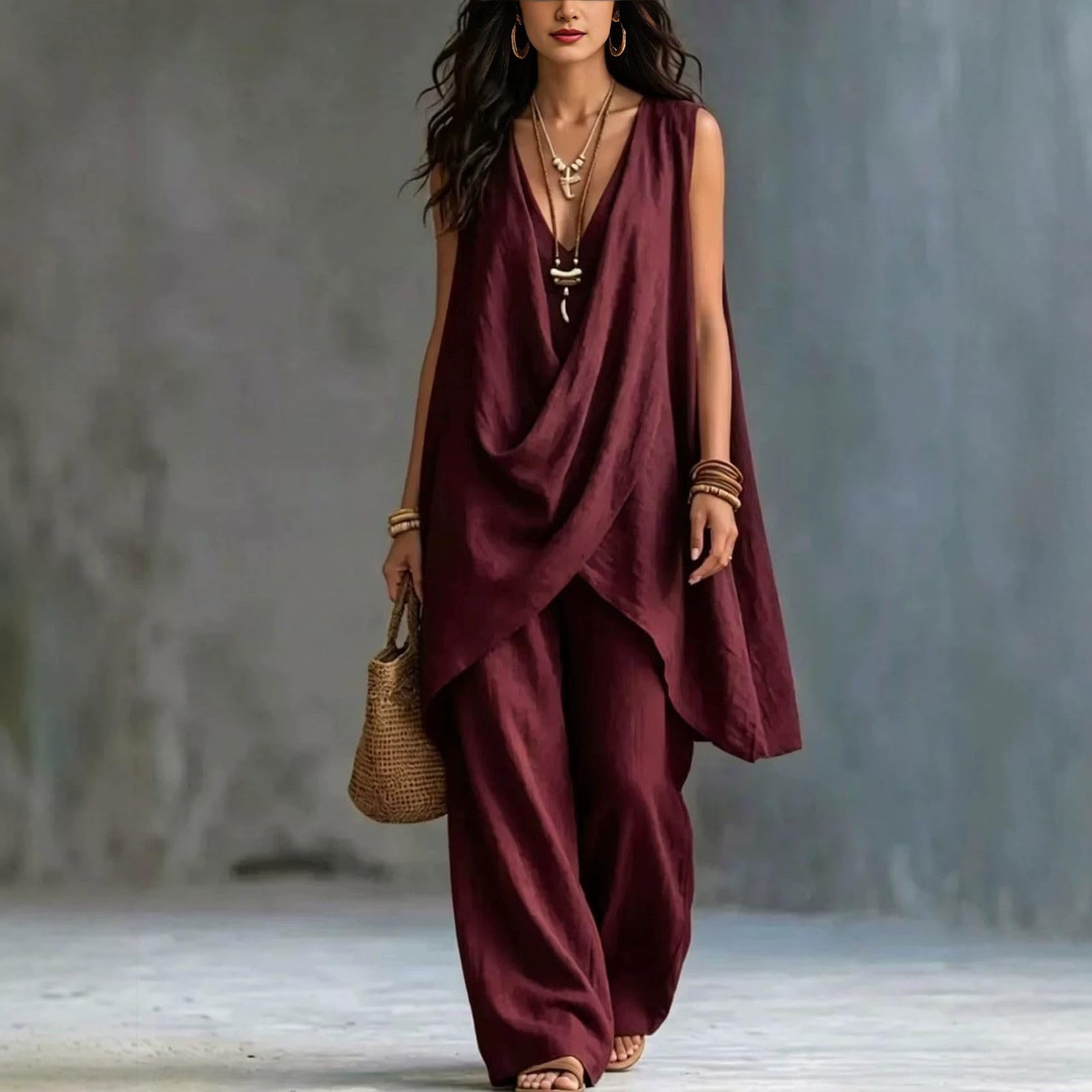 Generisch Tuta estiva da donna, due pezzi, elegante, per il tempo libero, streetwear, outdoor, tuta da allenamento, tinta unita, con scollo a V, gilet senza maniche e pantaloni a gamba larga