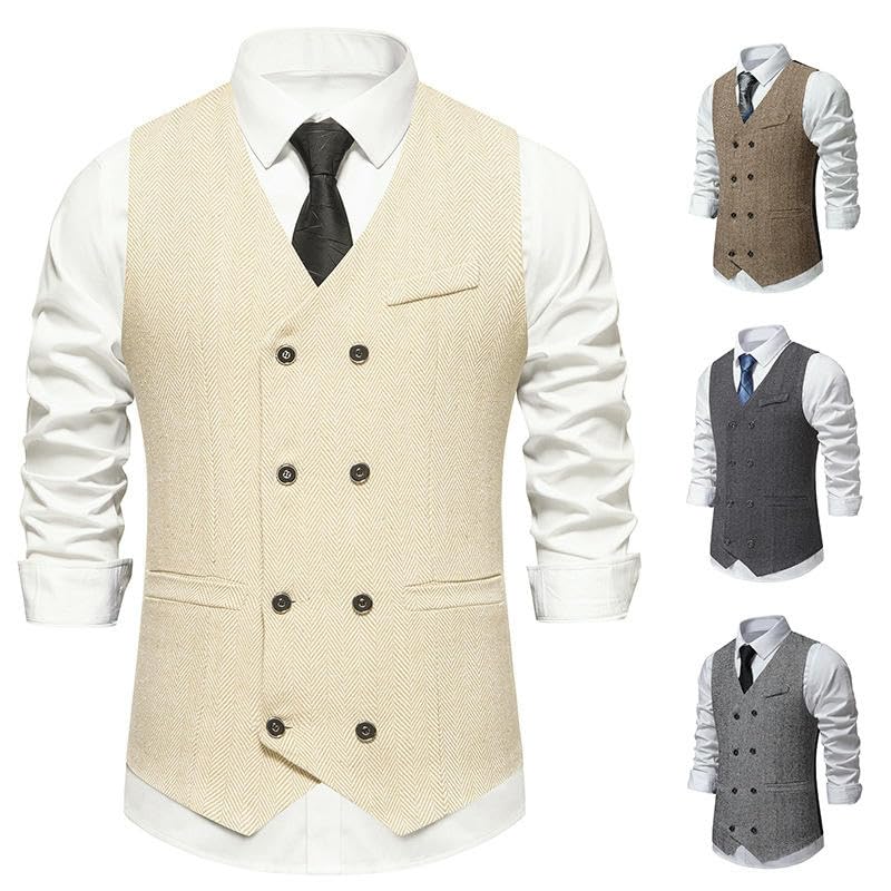 Men’s Double Breasted Tweed Suit Vest Herringbone Vintage Waistcoat for Wedding Business Party Fall or Winter Outfit4