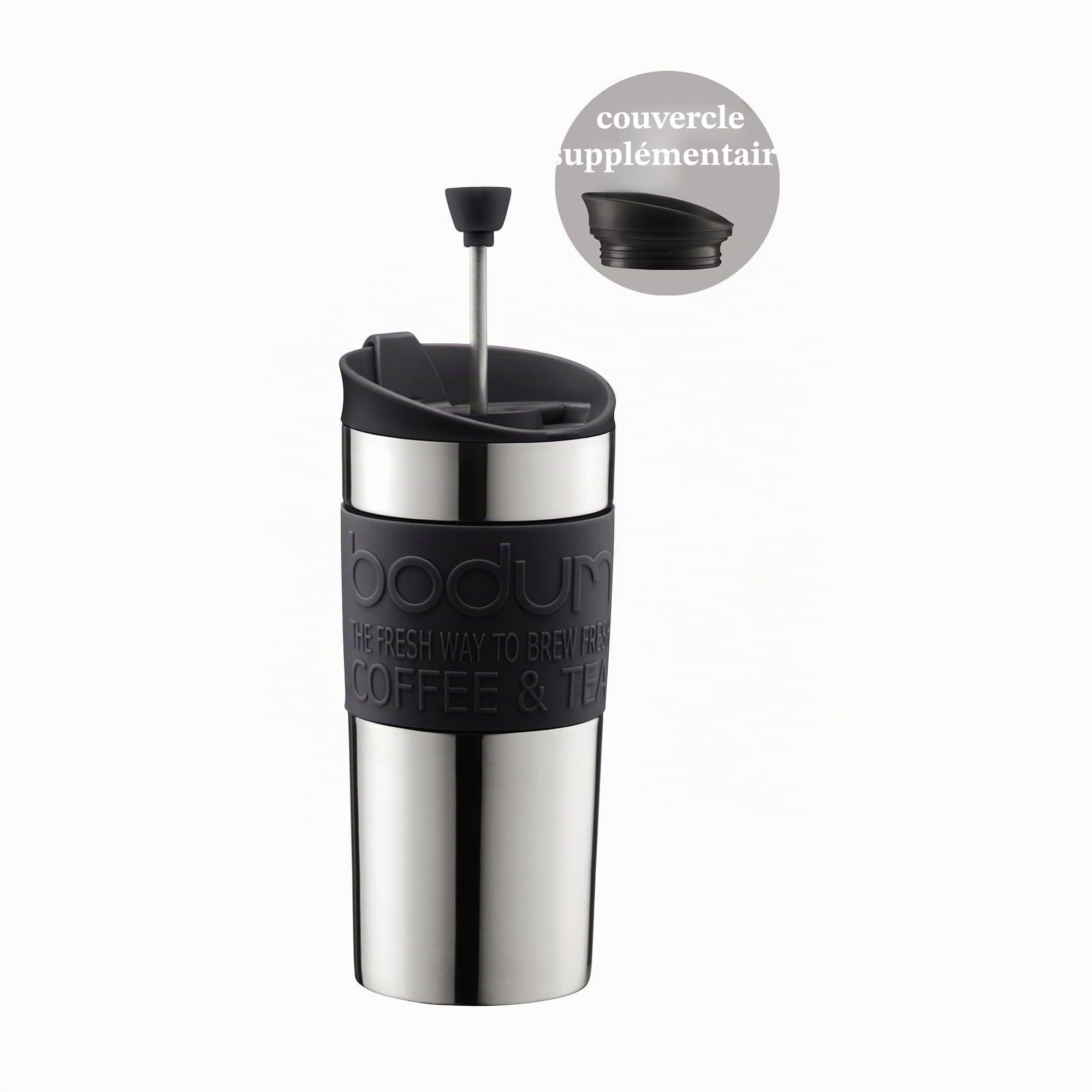 BODUM Ensemble de cafetière à piston Travel, acier inoxydable avec couvercle supplémentaire, aspirateur, 350 ml/12 oz, noir
