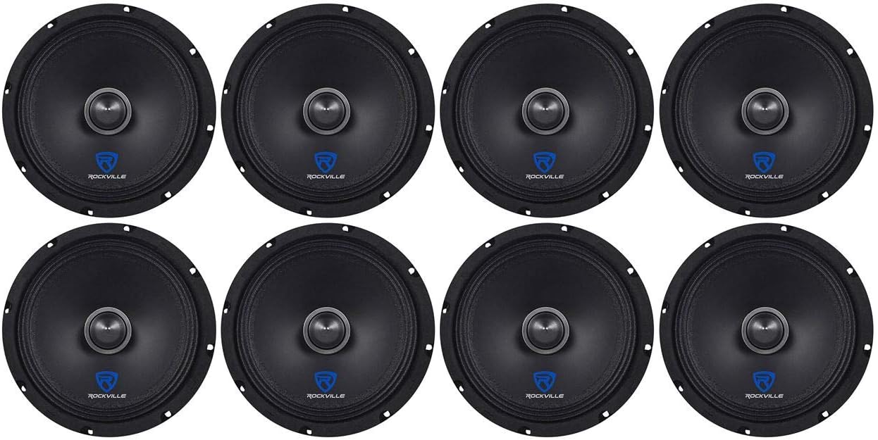 Rockville RXM88 8 in 250-Watt Peak/125-Watt RMS 8 Ohm Mid-Bass Midrange Driver Speaker, Kevlar Cone, 102 dB Sensitivity, for Car Door Installations, 8-piece