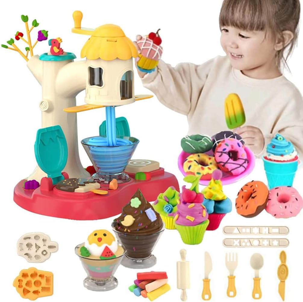 Dough for Kids Play Set, 26Pcs Kitchen Creations Tree House Ice Cream Maker Machine Toy Dough Kit for Toddlers, 3 4 5 6 7 8 Years Old Boys and Girls