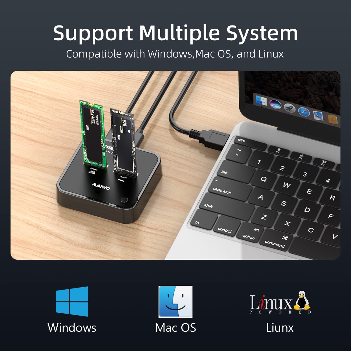MAIWO 2 bay M.2 NVMe/AHCI SSD clone Docking Station USB 3.2 Gen2x2 (20Gbps) con funzione di duplicatore e lettore, K3016P2.