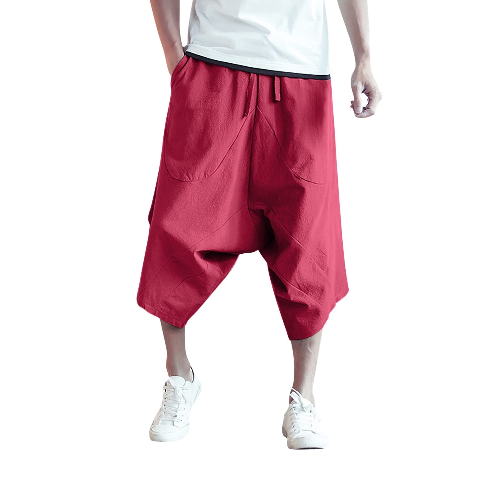 Men's Thai Harem Trousers 3/4 Below Knee Wide Leg Lounge Capri Pants Hippie Casual Drop Crotch Aladdin Pirate Pants Japanese Style Summer Beach Boho Yoga Trousers with Pockets Red