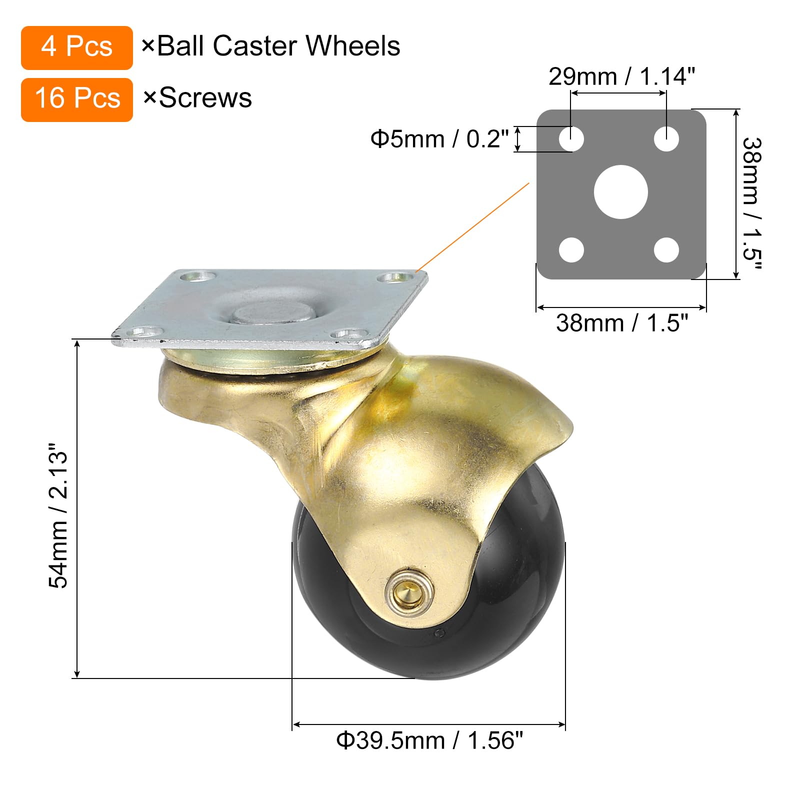 sourcing map 1.5" Ruedas Giratorias para Muebles, Juego de 4 Ruedas Giratorias de Bola, Ruedas Giratorias de Placa de 360 Grados para Muebles, Tono Dorado