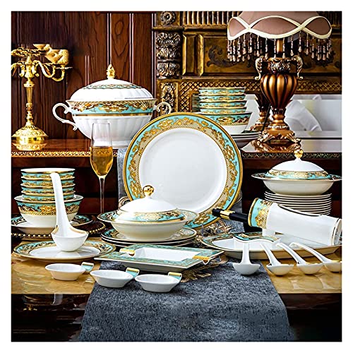 H3TF5J - Juego de vajilla de cerámica, 59 piezas de porcelana de alta calidad, borde de oro rosa sobre esmalte, regalo para banquetes familiares, apilable para ahorrar espacio
