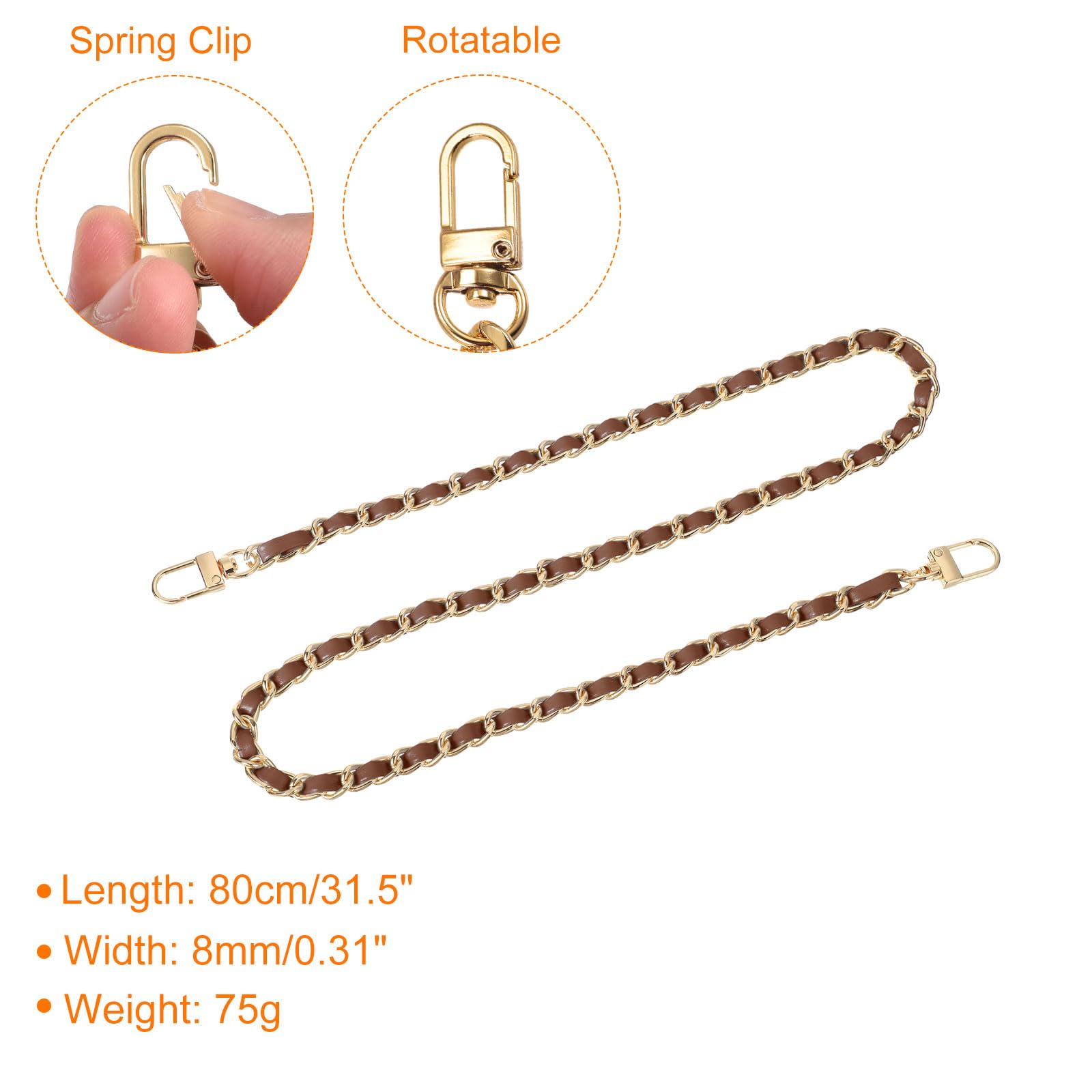 QUARKZMAN Correa de Cadena para Bolso, 32" Correa de Cadena Plana de Cuero y Hierro para Bolsos con Hebillas para Bolsos de Hombro (Correa Marrón Oscuro + Cadena Dorada)