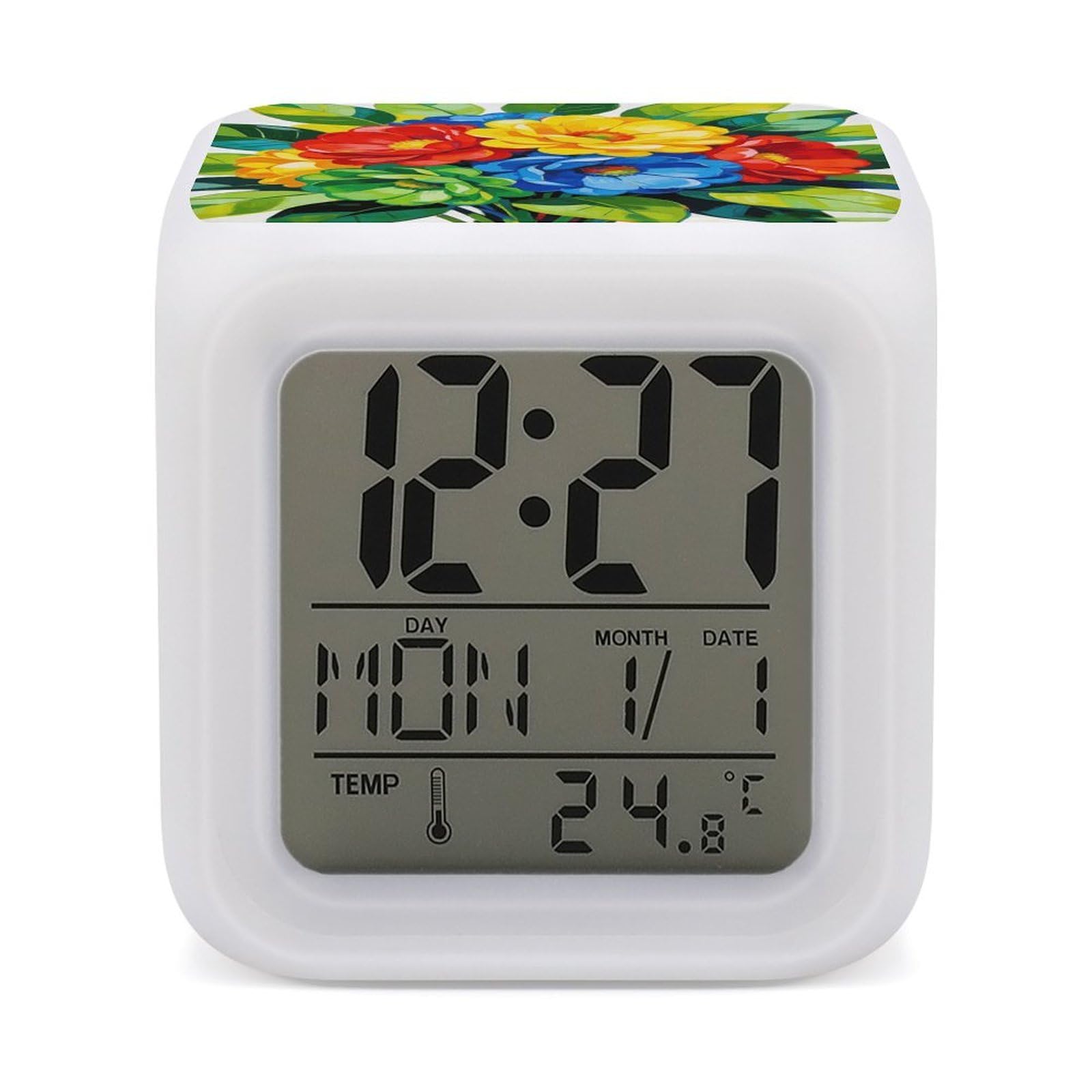 LZQPOEAS Vibrant Colored Alarm Clock with 7 Color Changing Nightlight for Bedroom Calendar Temperature Display Wake Up Digital Clock Small Desk Clocks for Heavy Sleepers Adults