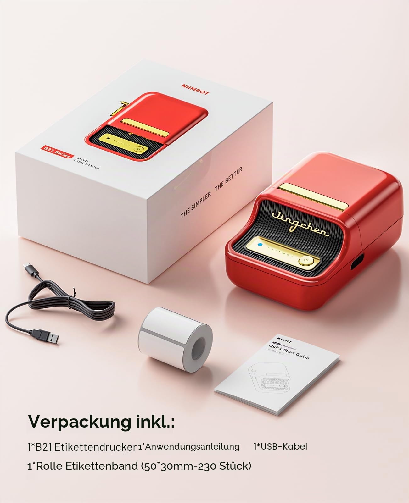 NIIMBOT B21S Bluetooth Etikettendrucker, Beschriftungsgerät Selbstklebend Kompatibel Mit IOS Android, Tragbares Etikettiergerät für Zuhause und Büro Schule und Kleine Unternehmen(Rot)