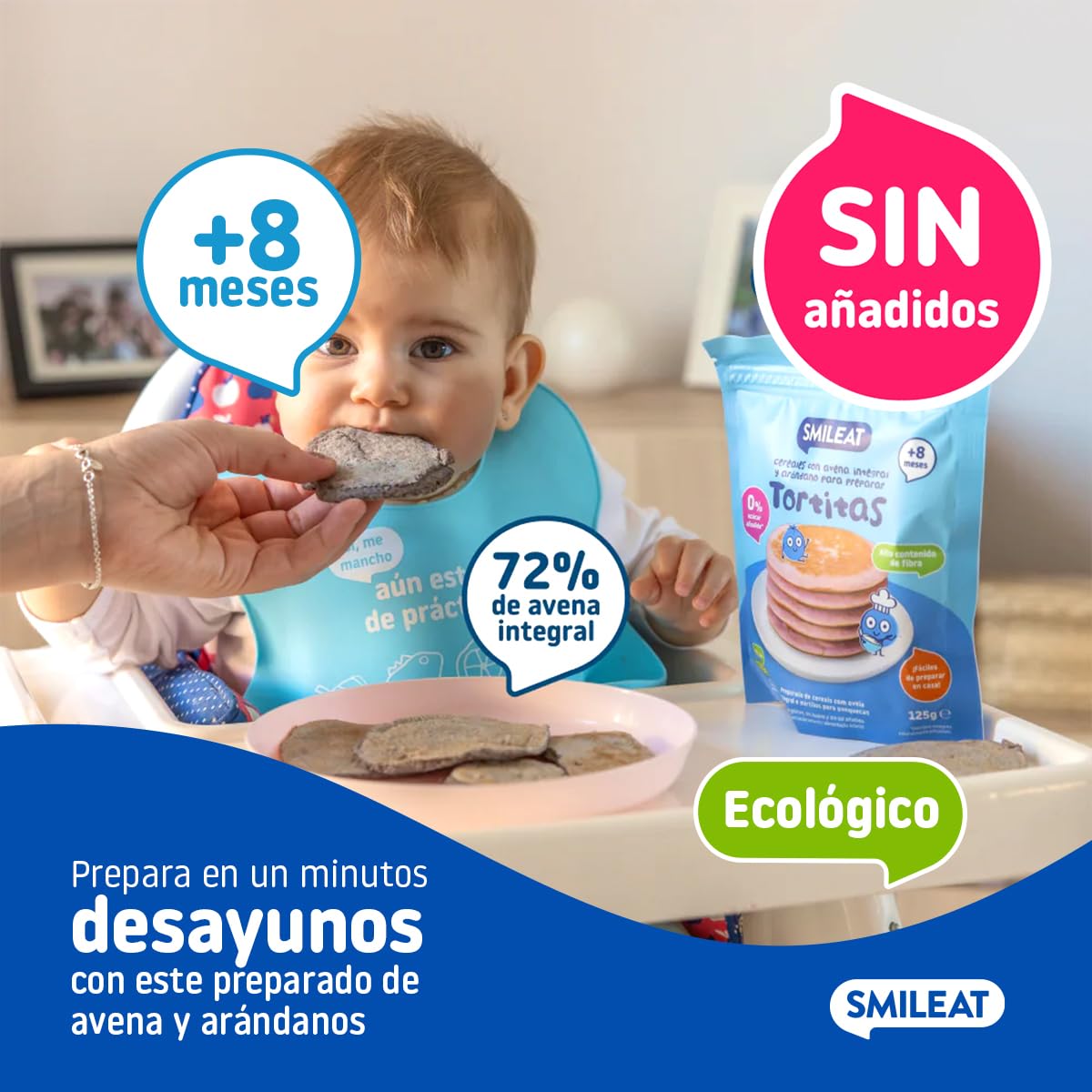 Smileat Preparado para Tortitas de Avena Integral y Arándano 125g Pack 6 Sin Azúcar Añadido Vitamina B1