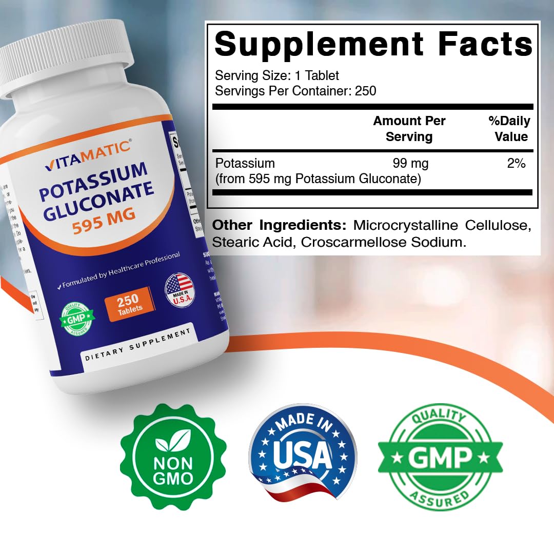 Vitamatic Potassium Gluconate 595 mg – Supports Heart, Muscle & Electrolyte Balance – 250 Tablets – Non-GMO, Made in USA — Amazon image 2