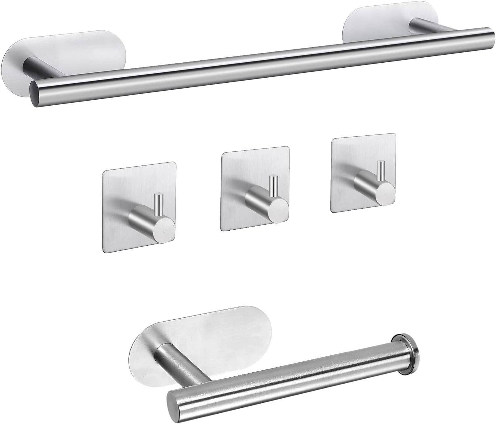 Adhesive Towel Bar 5 Pcs Self Adhesive Bathroom Hardware Accessory Kit ， Towel Hook Stainless Steel Wall Mount Towel Holder(NO Drilling) (Sliver)