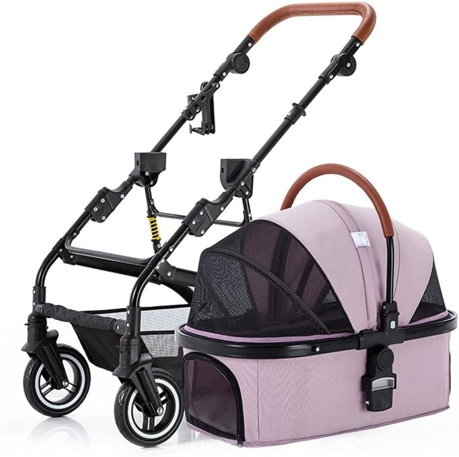 4 Wheels Pet Stroller Dog Cat Cage Strolling Cart for Medium Small Dogs Cats Travel Folding Carrier Waterproof Puppy Stroller Max.44 LBS，Pink