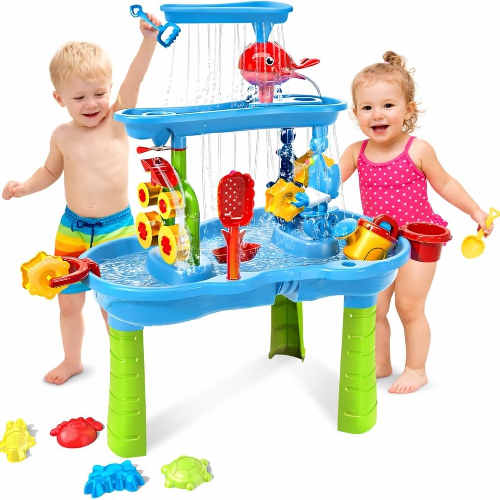 Toddler Water Table with 3-Tier Waterfall Play, Outdoor Water Play Table for Toddlers 1 2 3 4 5 with Interactive Accessories for Backyard Summer Toys
