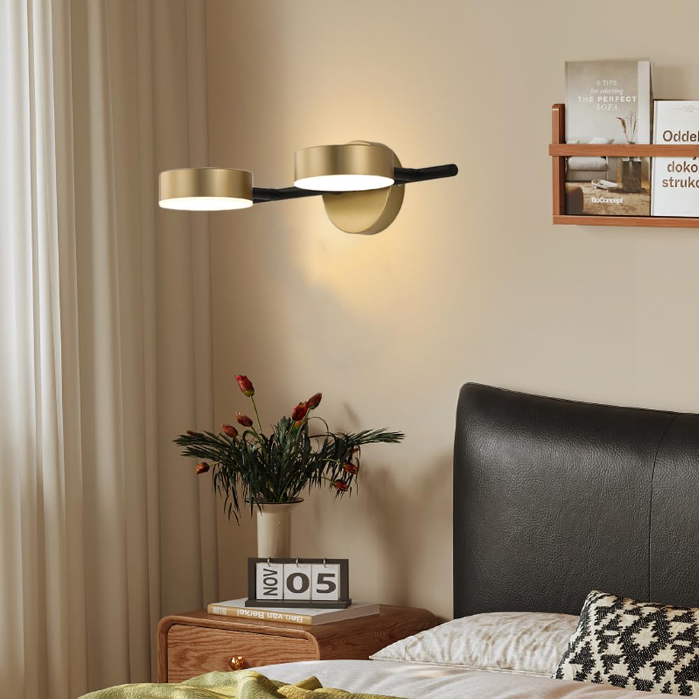 Mengjay Apliques LED Pared Interior,Aplique Espejo Baño, 360°Lámpara de Pared Giratoria Moderno Dorado Lámpara de Cabecera con 3 Temperaturas para Dormitorio Salón Cocina Baño (2 Luces)