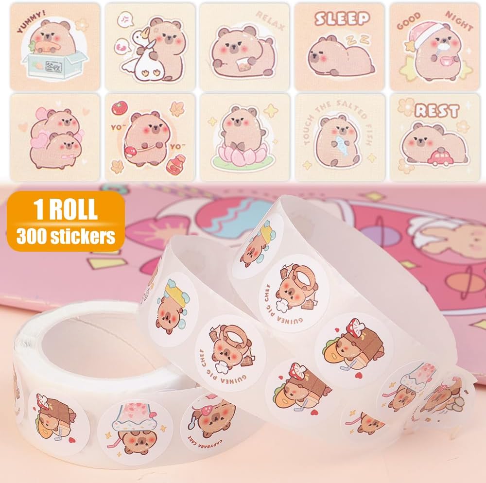 300Pcs/Roll Cute Cartoon Capybara Stickers for Women, Aesthetic Stickers for Water Bottles, 1inch Cute Self Adhesive Gift Envelope Seals Paster (Round, 5.5x5.5x2.5cm)