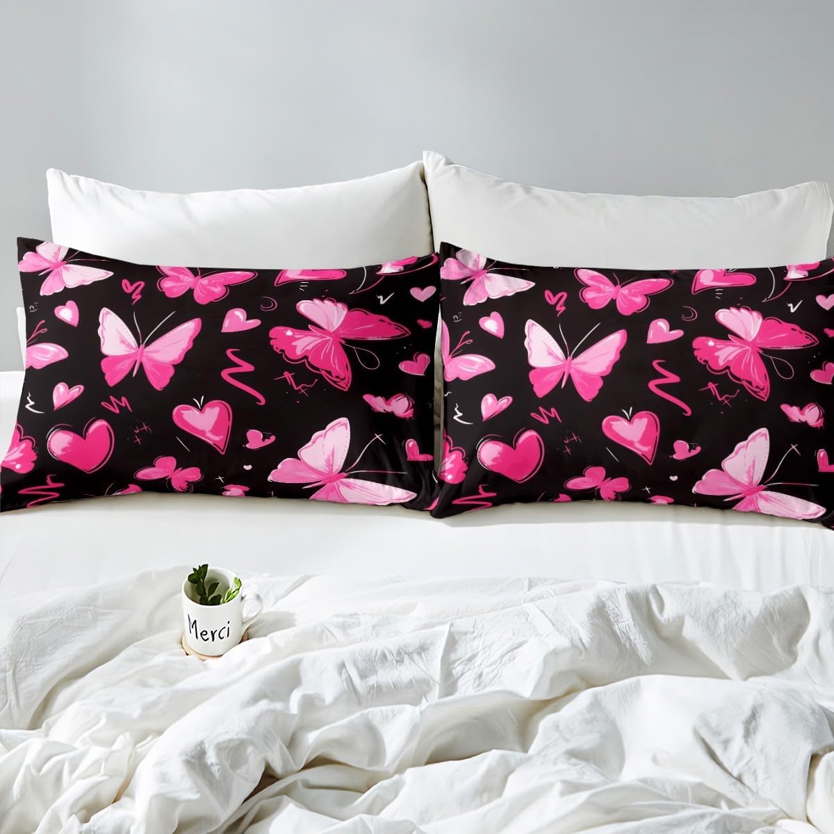 Butterfly Bedding Set Dreamy Butterflies Comforter Cover Cartoon Love Hearts Duvet Cover Boys Girls Room Decor Black Pink Bedspread Cover Toddler Bedding Collection 2Pcs,No Comforter