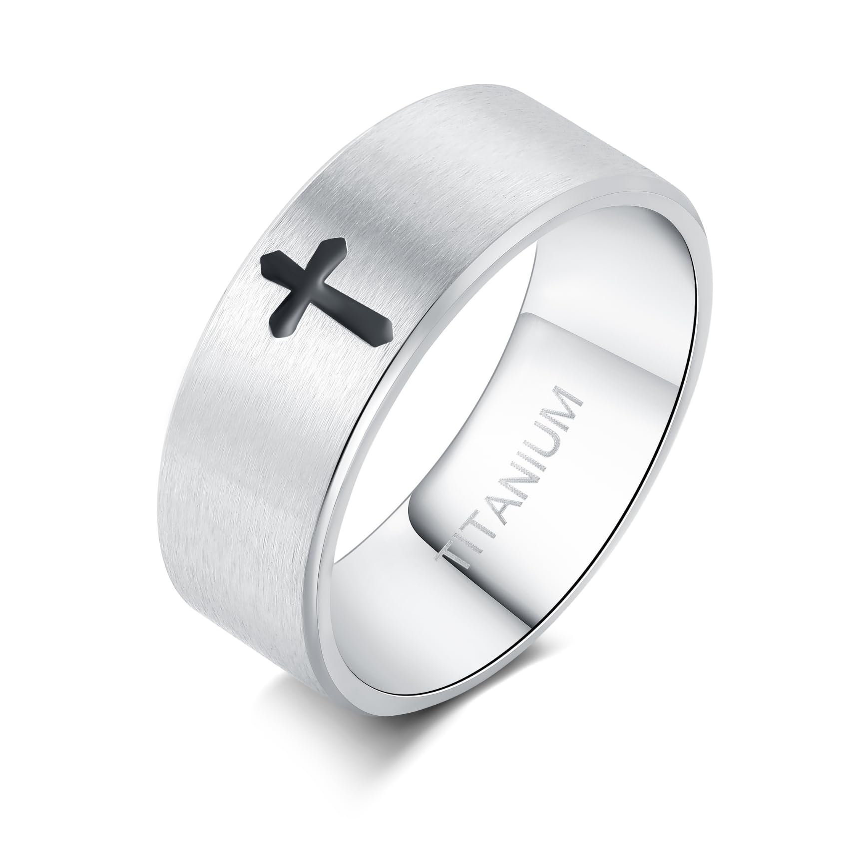 Cross Rings for Men, Premium Pure Titanium Rings for Men Lord Jesus Christian 8MM Black Silver Mens Wedding Ring Comfort Fit Matte Size 6-13