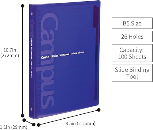Miniatura 9 de KOKUYO Cuaderno de espiral de 5 materias, diario recargable Campus B5 con separadores de 5 pestañas, 200 hojas en papel de hojas sueltas con rayas